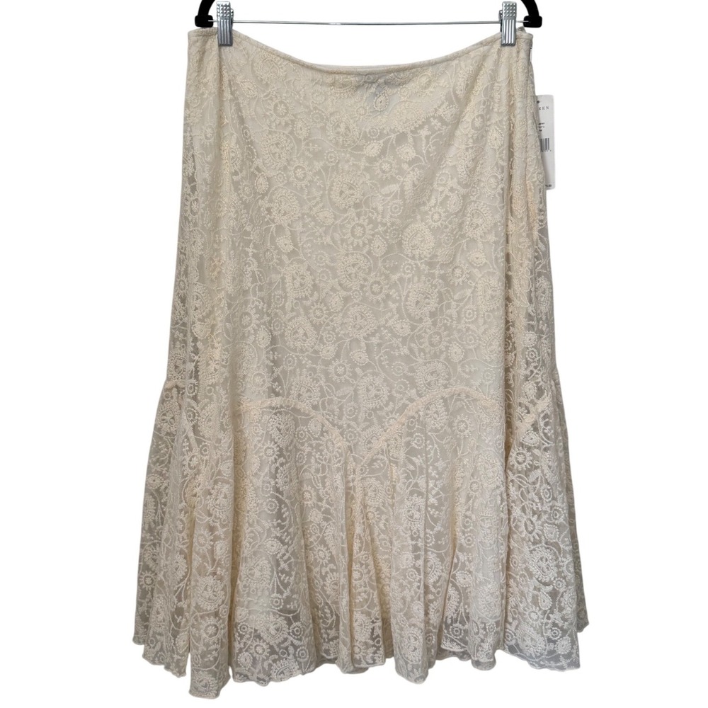 Lauren Ralph Lauren Cream Floral Lace Mermaid Skirt Midi Boho Romantic Ruffle 14